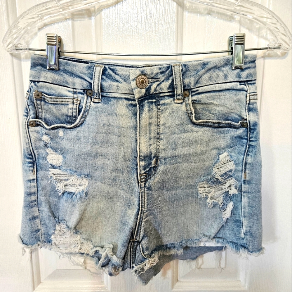 American Eagle Outfitters Blue Distressed Jean Shorts Curvy Hi Rise Shortie